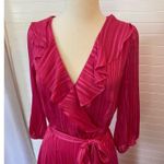 Maison Tara Satin Pink Ruffle Collar Striped Faux Wrap Dress Size 8 Photo 1