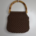 Vintage Brown Macrame Crochet Boho Handbag Purse Bamboo Handles Gingham Lining Photo 1