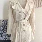 Vintage Cream beige belted long sleeves mini/midi trench coat peacoat overcoat collared neckline, double breasted button closure. Tan Photo 0