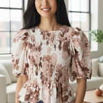 EXPRESS Floral Smocked Peplum Top Puff Short Sleeve Brown Pink Blouse Photo 0