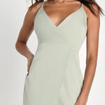 Lulus NWT What a Stunner Sage Green Satin Asymmetrical Mini Dress, Medium Photo 0