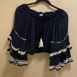 Surf Gypsy Navy Blue Hold My Mimosa Boho Tiered Bell Sleeve Crop Top Size Small Photo 2