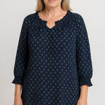 Talbots  Top Womens L Blue Geometric Print Smocked Neck Cotton Boho Boho  Peasent Photo 0