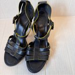 Boden Blue Leather Strappy Heels Women’s 7.5 Peep Toe Lime Green Trim Fall Photo 5