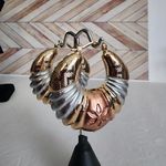 Boutique Tricolor Gold Chunky Hoop Earrings Greek Key Photo 2