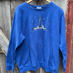 Bon Worth Blue Crewneck Sweater with Lighthouse and Penguin Embroidery Size L Photo 0