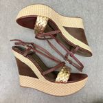 Audrey Brooke  9.5 Shakes Brown Gold Weave Espadrille Platform Wedge Sandals Photo 2
