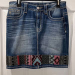 Miss Me  Denim Mini Skirt with Southwestern Aztec Embroidered Border‎ Detail Photo 0
