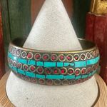 Vintage Brass Turquoise & Red Inlay Mosaic Bangle Bracelet Photo 2