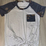 Moa Moa  Striped Short Sleeve Tee Gray and White shirt top Photo 0