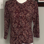 Garnet Hill  100% Merino Wool Burgundy Paisley Cardigan Sweater Long Sleeve Top Photo 0