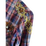 Roar‎ Distressed Western Shirt Size Large Embroidery Lace Rhinestones Plaid Red Photo 3