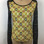 Peppe Peluso Women's Black & Yellow Print Long Sheer Lace Sleeve Top S Photo 0