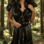 Lucy Paris Satin Ruffled Wrap Dress in Black Size Medium NWT Photo 0