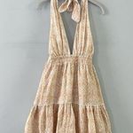 NWT Mon Renn Havana Crochet Print Tan Linen Halter Mini Dress White Size M Photo 0