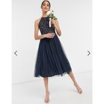 New! Maya halterneck midi tulle dress‎ tonal delicate sequin navy size 2 Blue Photo 2