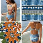 Farm Rio NEW  Swimsuit One Piece High Neck Cutout Floral Blue Geometric Size XL Photo 4