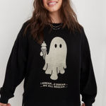 Aerie  THE CHILL CREWNECK SWEATSHIRT BLACK OVERSIZED GHOST HALLOWEEN MEDIUM Photo 0