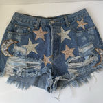 Patriotic Moon & Star Shorts Women's M 14" Cut Off Distressed Rhinestone Sequin Blue Size M Photo 0