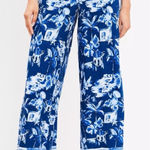 Loft Pull On Wide Leg Corfu Weekend Linen Blend Blue Floral Flowy Pants L 760946 Photo 0