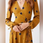 Urban Outfitters Audrey Wrap Midi Dress XS Long-Sleeve Yellow Polka Dot Woven Photo 8