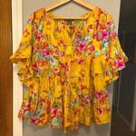 Chelsea & Theodore S Yellow/Multi Floral Beaded Tassel Short SleeveTiered Blouse Yellow Photo 1