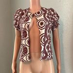 Sézane SEZANE BURGUNDY Embroidered Buttons DOWN Shirt PUFFED Sleeve TOP Sz 36 LULA #181 Photo 1