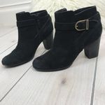 Cole Haan Black Suede Ankle Booties | Size 6.5 | Gold Buckle & Block Heel Photo 1