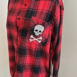 Red and Black Plaid women’s Shirt with Rhinestone Skull Design Size L Photo 1