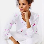 Lilly Pulitzer Jansen Hearts Ribbed Lightweight Puff Sleeve Sweatshirt Size L Photo 0