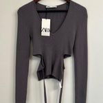 ZARA  Cut Out Knit Top Gray Ribbed V-Neck Women's Top Sz M Photo 1