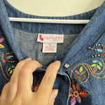 Go softly denim patio dress Button W/ Pockets Red Foral Embroidery Sz M Blue Size M Photo 3