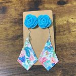Statement Earring Set Bundle Rose Studs Floral Diamond Dangle Earrings Pink Blue Blue Photo 1