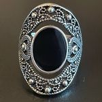 Black obsidian S925 antique silver statement ring Photo 0