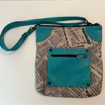 Vintage Maurizio Taiuti Italian Leather Teal/Newspaper Print Handbag Purse Blue Photo 0