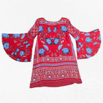 Anthropologie Vanessa Virginia Boho Bell Sleeve Mini Dress Red Blue Floral 100% Silk Size XS Photo 10