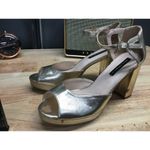 French Connection Women's 9 Gold Ankle Strap Platform Peep Toe High Heel Pumps Photo 3