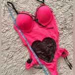 Hot Pink Lace Teddy with Black Hearts Lingerie M Medium 8 Photo 4