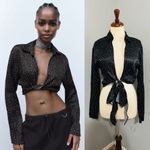 ZARA Women Black Polka Satin Effect Long Sleeves Bohemian V-Neck Tied Top Sz M Photo 1