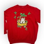 Vintage Christmas Red Cat In Basket Sweatshirt Long Sleeve Crew Neck Size L Photo 1