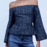 ZARA  Off Shoulder Navy Tweed Peplum Top Holiday Winter Chic Parisian blouse sm Photo 0