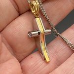 Stainless Steel Two Tone Gold & Silver CZ Cross Necklace Photo 3