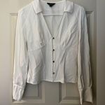 Saint + Sofia Galaxy V Cut Button Up Blouse in White Textured Fabric, Size S Photo 0