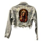 Trio Urban NWT Virgin Mary Blessed Cropped Denim Jean Jacket Size Small/Medium Blue Photo 0