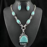 Turquoise 3pc Set Big Pendant Necklace and Dangle Earrings Boho Jewelry Photo 3