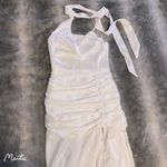 White Satin Asymmetrical Choker Ribbon Bodycon Slit Maxi Evening Wedding Dress Photo 5