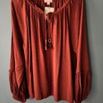 Knox Rose Womens L Brown Peasant Blouse V Neck Tassel Long Sleeve Boho Raglan. Photo 2