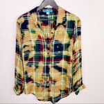 Buttons Bleach Dyed Plaid Flannel Button Front Shirt Peach Small Photo 5
