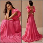 Anthropologie Mac Duggal Ruffle Tiered Cut Out Chiffon Gown 67911 Hot Pink Size  4 Photo 1