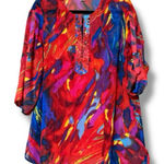 Peter Nygard  women's large multicolor roll sleeve tunic red beaded sheer light Photo 0